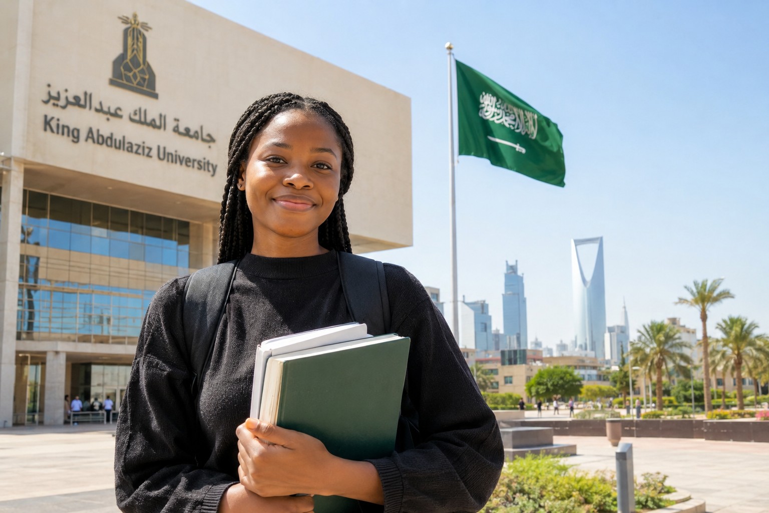 Student holding books in front of a university building with the Saudi flag